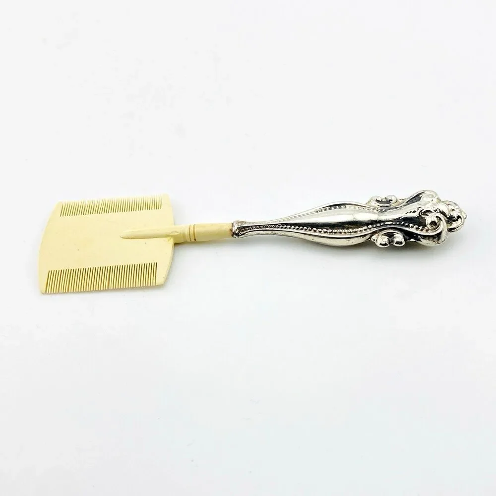 Antique Beard or Moustache Comb with Sterling Silver Repousse Handle